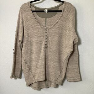 TP Striped Lagenlook Neutral Button Oversized Henley Blouse XS Boho Goblincore